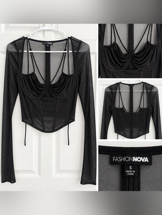 Fashion Nova Tops - Fashion Nova Black Sheer Long-Sleeve Mesh Corset Crop Top